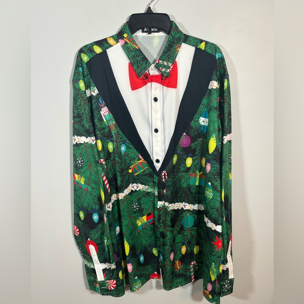 Atlanl Christmas Tuxedo Print Button Down Shirt Men’s XXL Holiday Party